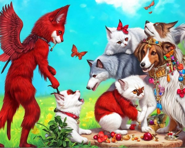 Whimsical Scene of Fox with Wings and Charming Animals