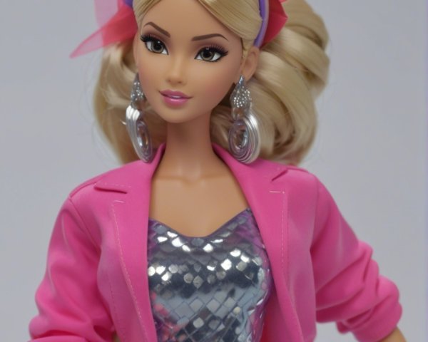 Fashionable doll in pink jacket and silver top