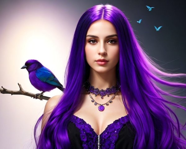 Woman with Purple Hair and Black Outfit in Enchanted Scene