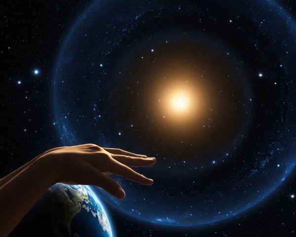 Hand Reaching for Sun Against Cosmic Background