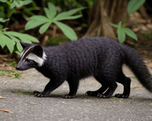 Black creature with white stripe in green foliage