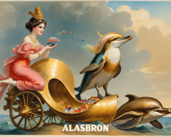 Regal Woman in Pink Gown on Golden Dolphin Cart