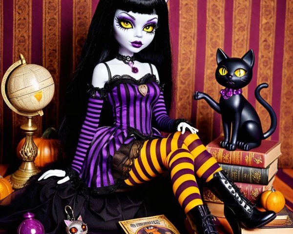 Stylish Doll with Cat Ears in Halloween Setting