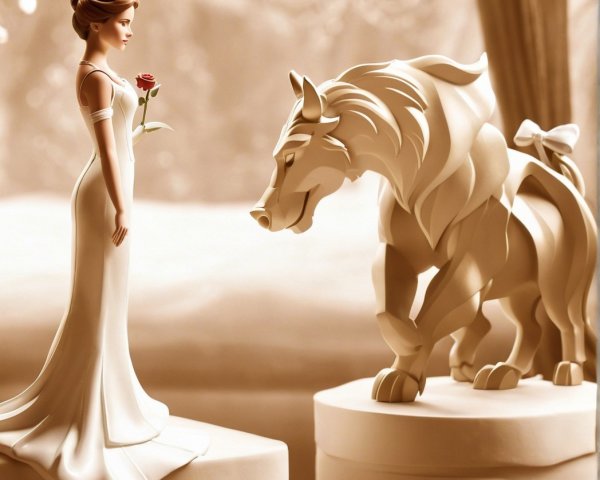 Elegant woman with wolf in soft-toned sculpture