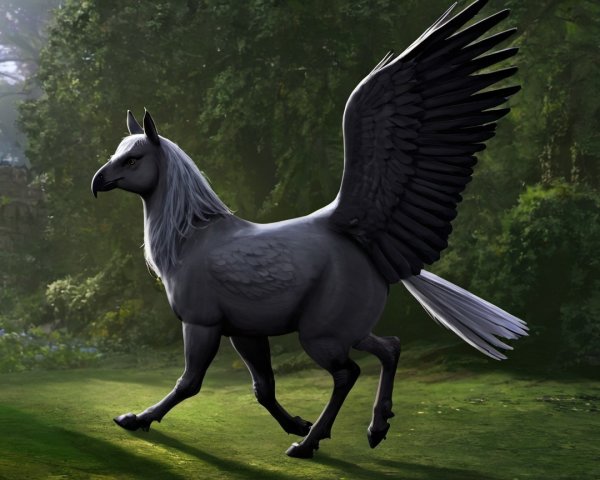 Majestic Black Griffin in a Lush Green Forest