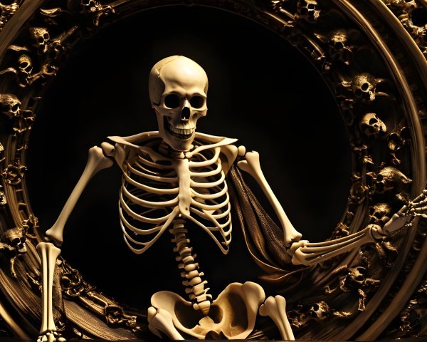Skeletal Figure in Ornate Gilded Frame with Skulls