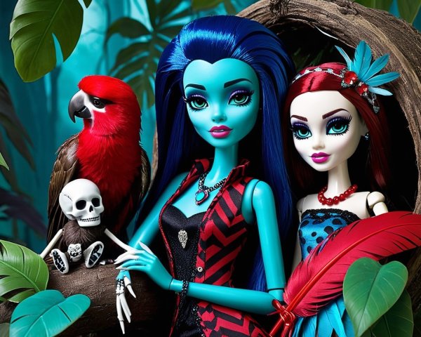 Dolls in Jungle with Macaw and Whimsical Elements