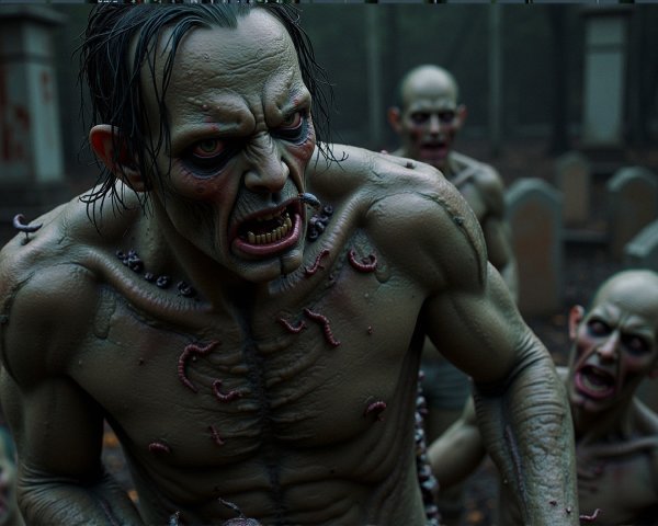 Undead Figures in Foggy Graveyard Scene