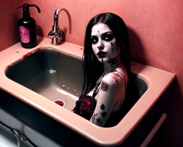 Gothic Figure in Vintage Sink with Red Splatter