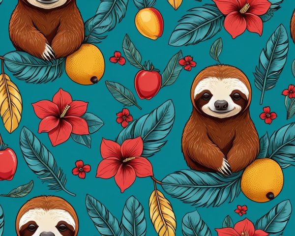 Whimsical Sloth Pattern in Tropical Foliage Design