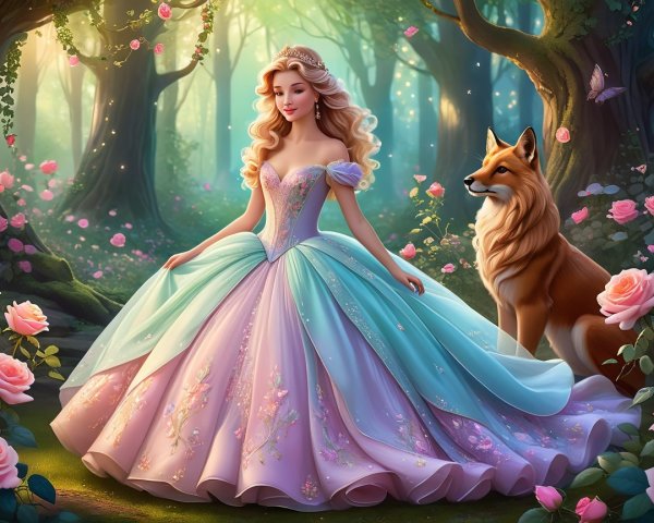 Princess in a magical forest with roses and a fox