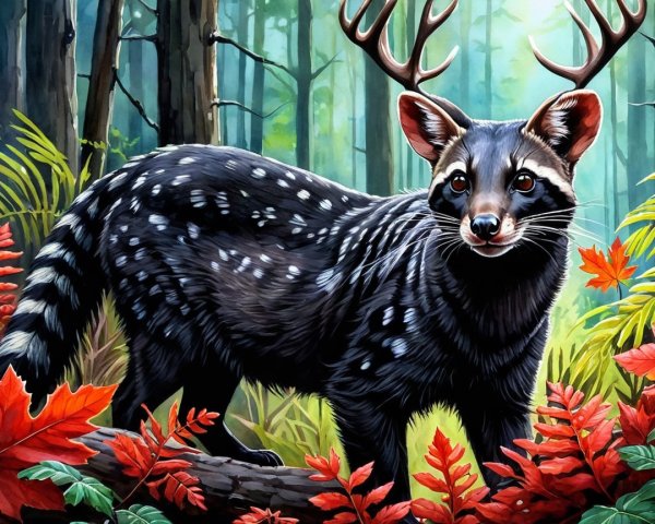 Fantastical Creature with Antlers in Forest Setting