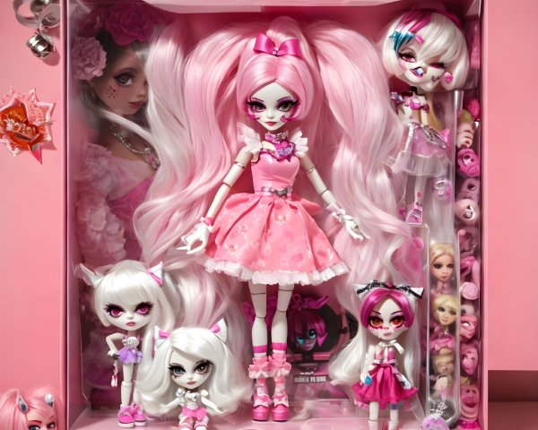 Vibrant Pink-Themed Doll Set in Clear Display Box