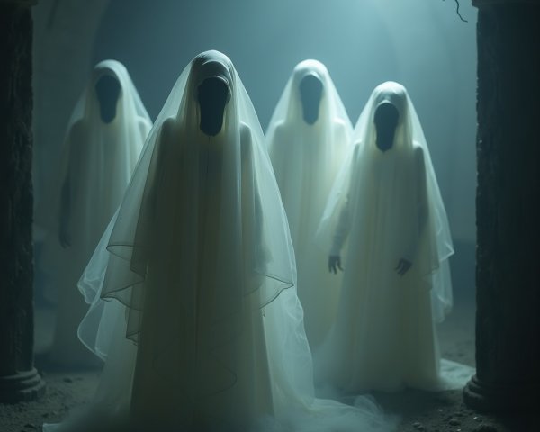 Four Veiled Figures in Eerie Dim Light