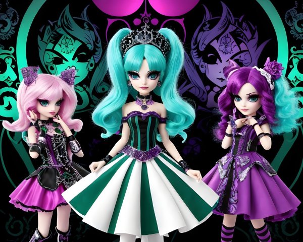 Stylized dolls with vibrant backgrounds and unique styles