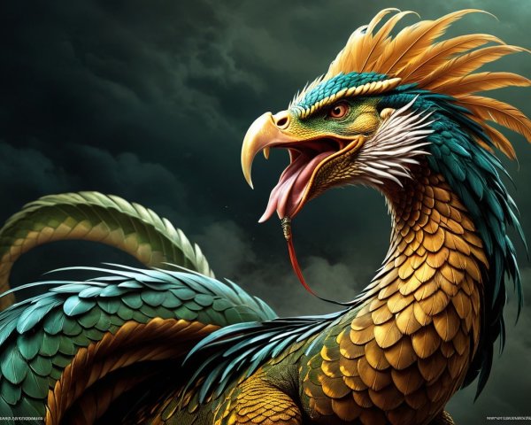 Mythical bird with vibrant blue, green, and gold feathers