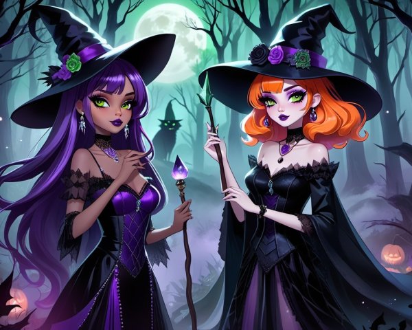 Stylish Witches in a Moonlit Forest Setting