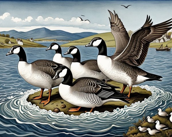 Elegant Geese on Island in Serene Landscape