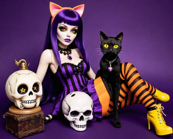 Purple and Black Striped Outfit with Cat and Skulls