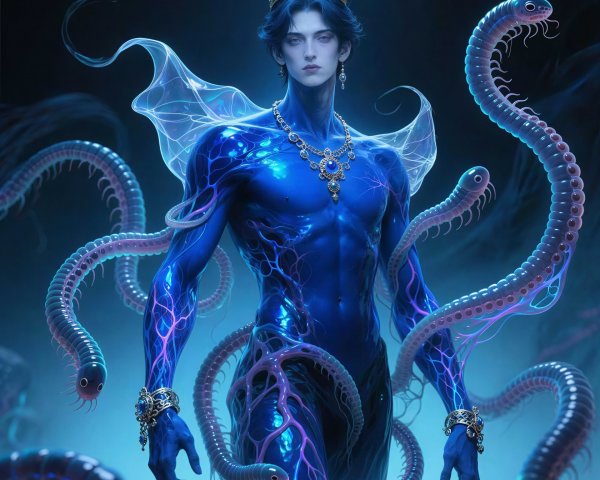 Majestic mythical water god with glowing centipedes
