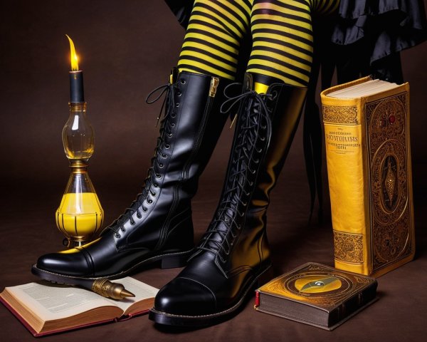 Stylish Black Lace-Up Boots with Vintage Accessories