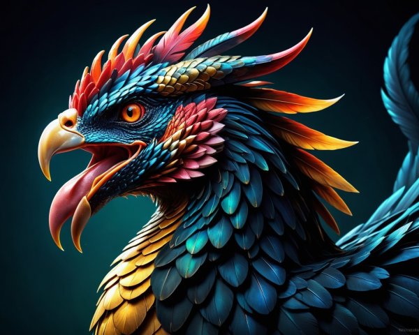 Vibrant Mythical Creature with Colorful Scales and Feathers
