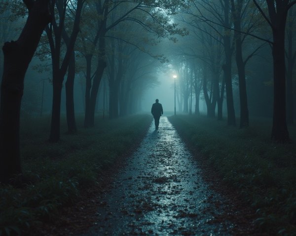 Solitary Figure on Misty Pathway at Night