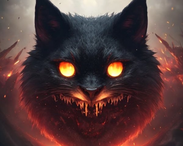 Enigmatic Cat Head in Smoke and Glowing Flames