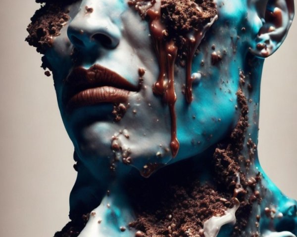 Intertwined Heads with Blue Texture and Chocolate Layers