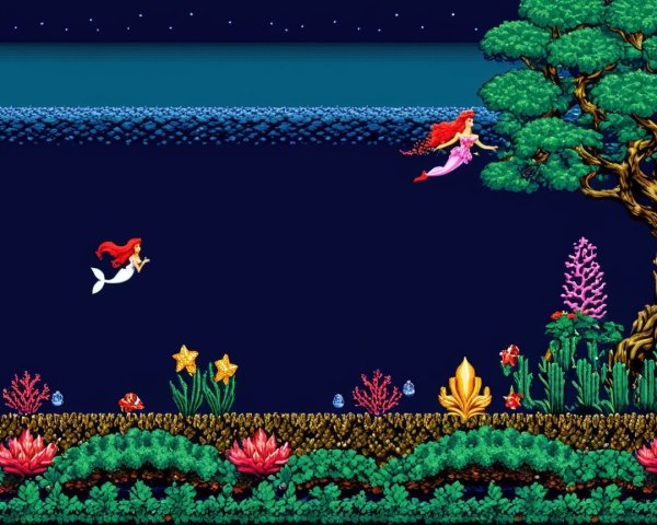 Vibrant Underwater Scene with Retro Pixel Art Elements