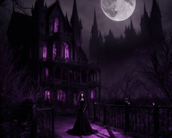 Gothic Mansion Under Moonlight with Cloaked Figure