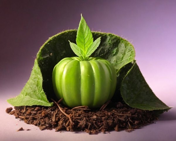 Vibrant Green Tomato Surrounded by Lush Leaves and Soil