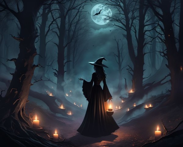 Moonlit Forest Scene with Witch and Flickering Candles