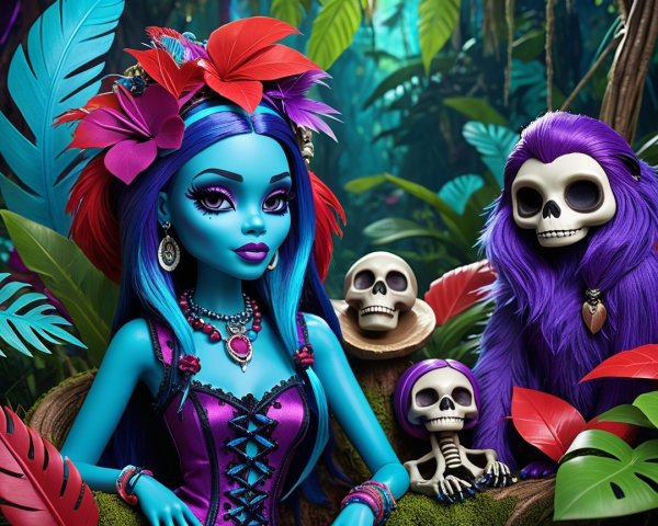 Blue-Skinned Doll and Purple Monkey in Jungle Scene