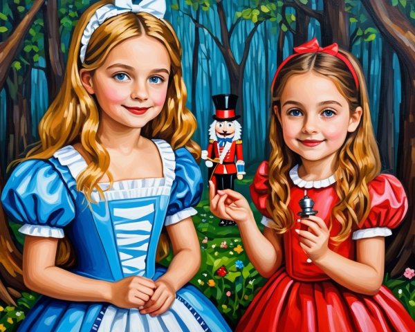 Young girls in a magical forest with whimsical elements