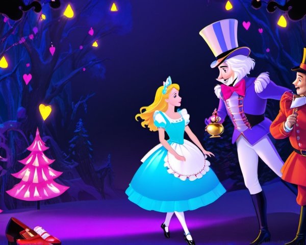 Young girl in fairy-tale setting with dapper gentlemen