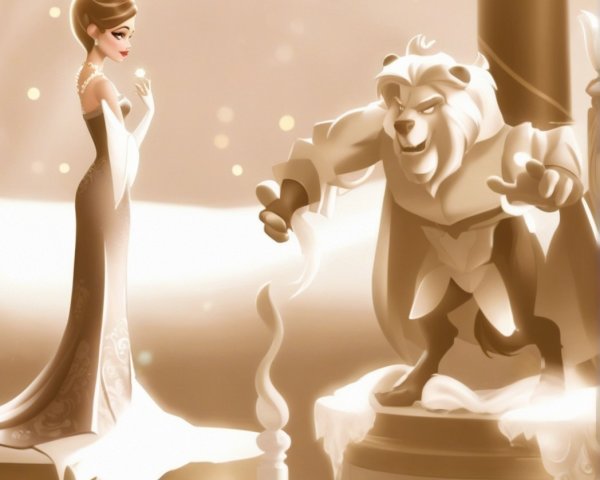 Elegant woman in flowing gown by majestic lion statue