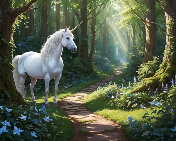 Majestic white unicorn in a sunlit forest setting