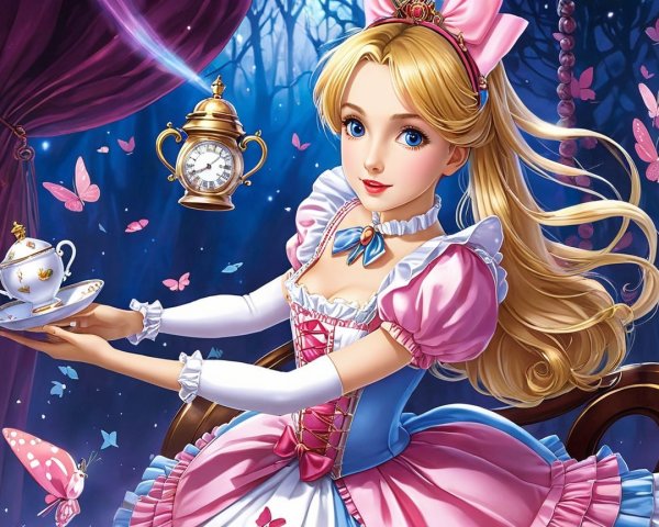 Whimsical Fairy-Tale Scene with Young Girl and Butterflies