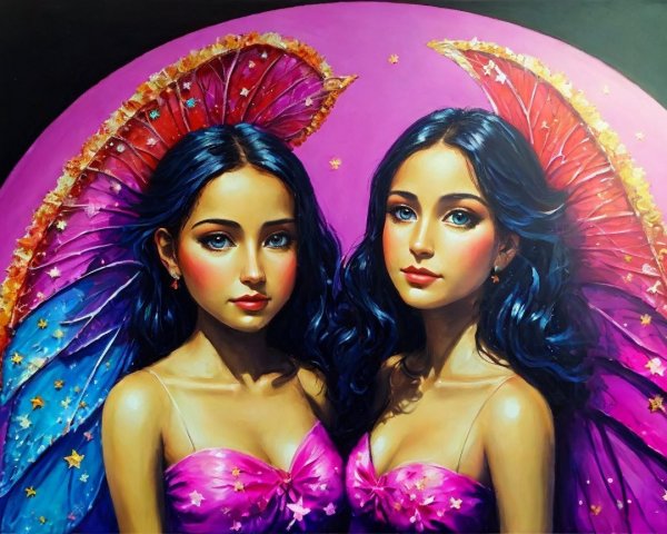 Ethereal Twin Figures with Colorful Wings and Stars