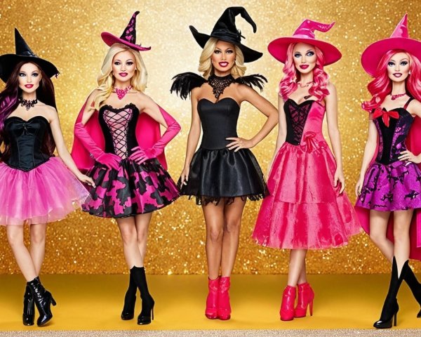 Colorful Witch Dolls Against Sparkling Gold Background