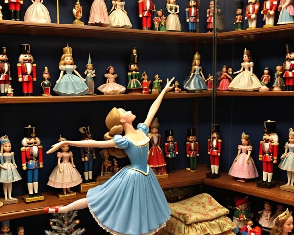 Collectible Figurines on Wooden Shelves Display