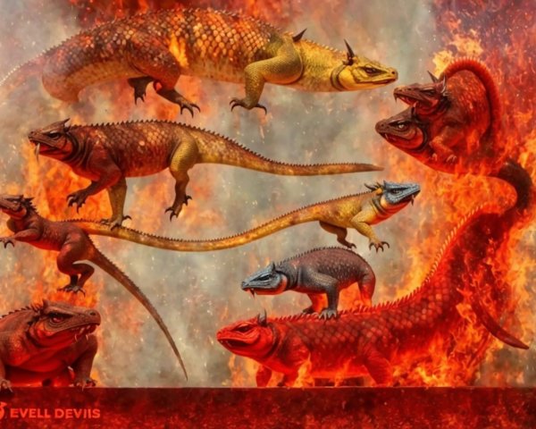 Stylized lizards against a fiery backdrop illustration