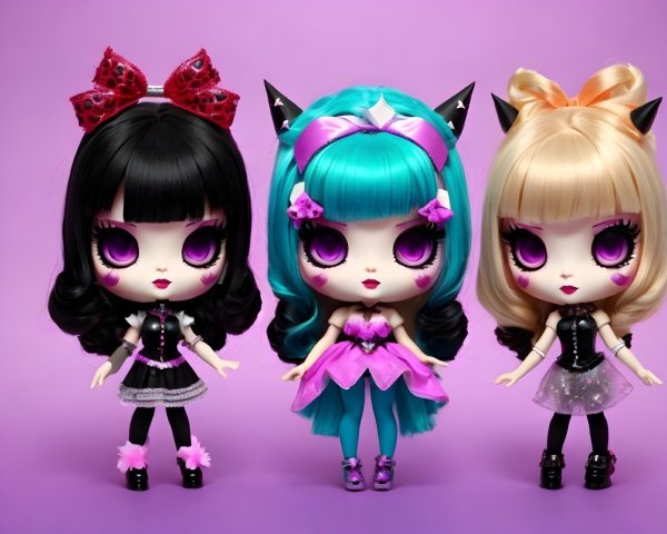 Vibrant Stylized Dolls on Purple Background