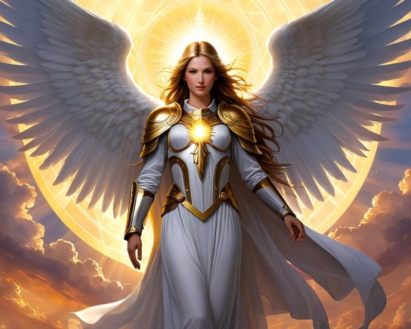 Majestic angelic figure with ethereal wings and gown