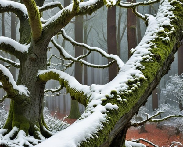 Serene winter forest with snow-covered gnarled trees