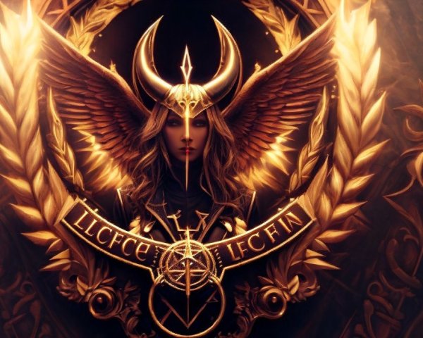Powerful figure with golden wings and horned headdress