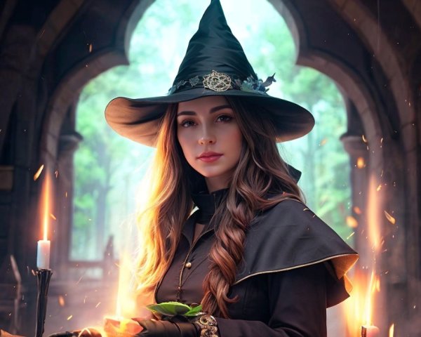 Young Woman in Witch Costume in Mystical Setting