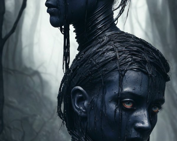 Interconnected Figures with Blue-Black Skin in Forest