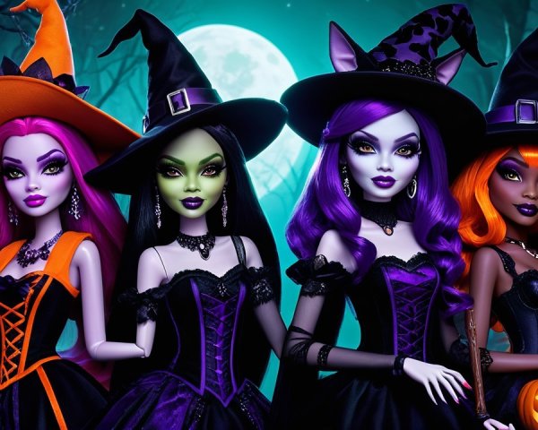 Stylish Witch Dolls in Vibrant Halloween Costumes